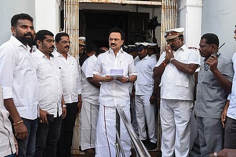 Leader of Opposition in the House and DMK president MK Stalin walking out of the state Assembly on Monday