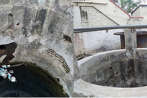 Plastic bottles and bags floating in the water; Right: open well