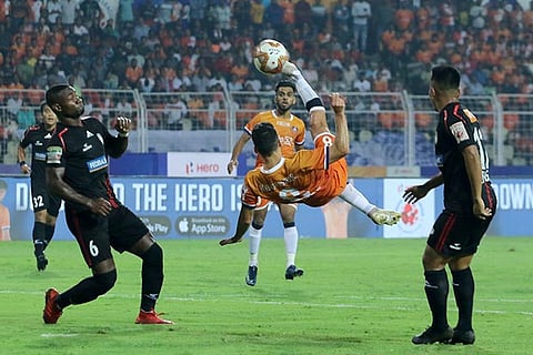 FC Goa striker Ferran Corominas attempts a bicycle kick against NorthEast United in the ISL