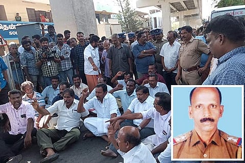 Relatives of slain Special SI Y. Wilson (inset) blocking road at Marthandam on Thursday