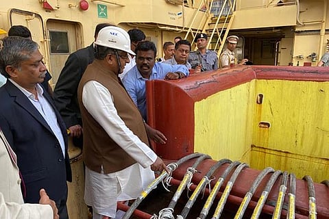 Union Minister Ravi Shankar Prasad on board the cable laying ship in Chennai on Thursday