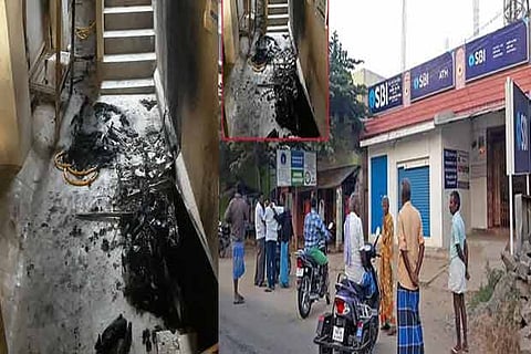 The burnt papers inside the bank; and the facade of the branch at Anchetty in Krishnagiri