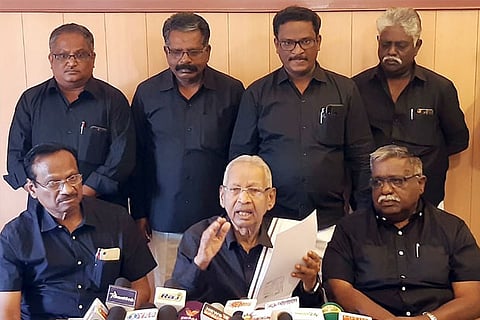 Dravidar Kazhagam leader K Veeramani addressing the press in Salem on Friday