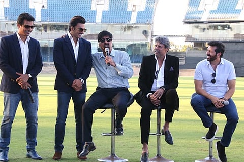 Jiiva, Ranveer Singh, Kris Srikkanth, Kapil Dev and Kabir Khan at an event