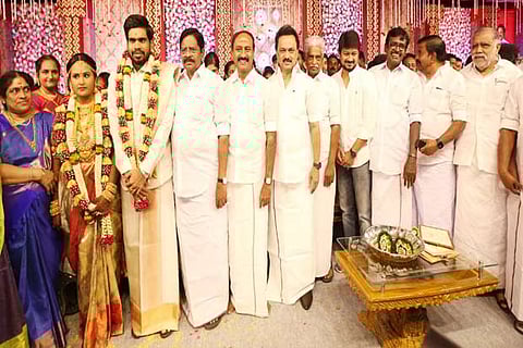 DMK president MK Stalin attending a wedding function in the family of party MP SS Palanimanickam in Thanjavur