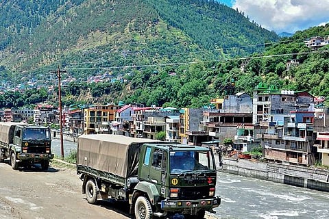 Army trucks move towards Ladakh in the wake of the India-China border dispute on Thursday.