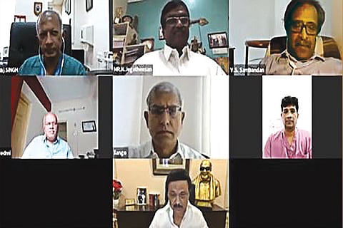 A screengrab of the video discussion held by Opposition Leader MK Stalin with experts