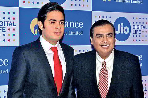 Akash Ambani with Mukesh Ambani (file pic)