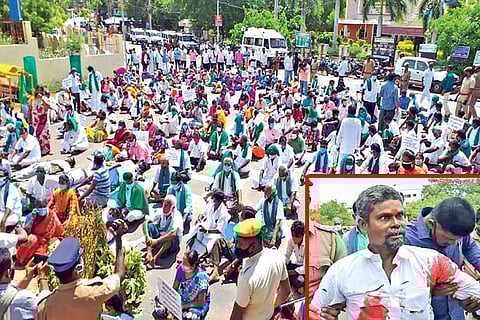 Farmers from Keezhkalkandarkottai sitting on a protest in front of Tiruchy Collectorate and Ravi