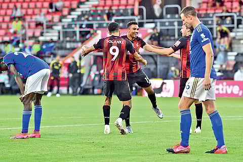 Bournemouth players celebrate the win over Leicester City