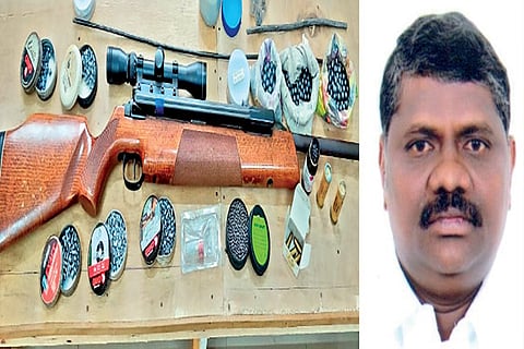 The seized gun, ammunition and equipment; MLA Idhayavarman