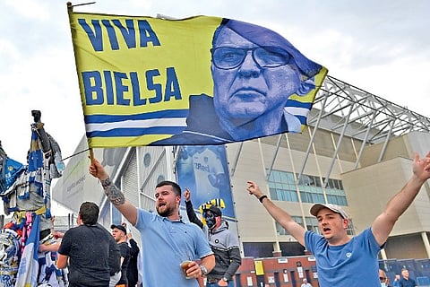 Leeds fans celebrate their team?s promotion to the top flight