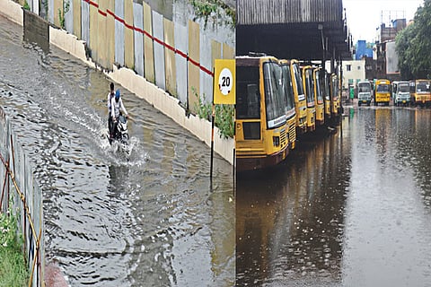 Motorists wade through stagnant water under Kathipara flyover; (r) Tiruvanmiyur bus depot