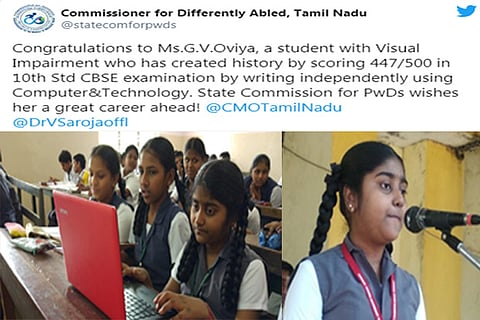 GV Oviya the first visually impaired student to write CBSE X board exam in TN using computer