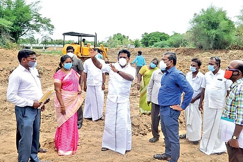 Minister R Kamaraj inspecting the desilt works in Tiruvarur on Friday