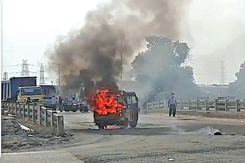The autorickshaw that went up in flames after liquor kept inside caught fire near Minjur