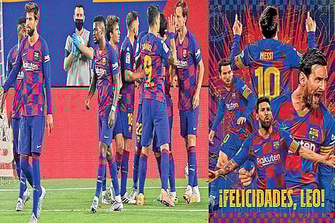 Barcelona celebrates win over Athletic Bilbao. (right) Lionel Messi turned 33 on Wednesday