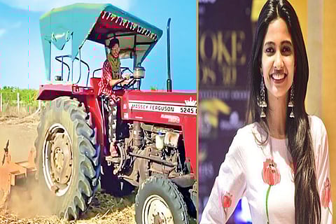 Keerthi driving a tractor; Keerthi Pandian