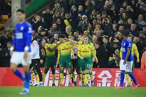 Norwich players celebrate their win over Leicester City