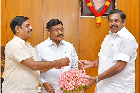 Indhiya Jananayaga Katchi (IJK) chief and MP Parivendar (centre) meeting Chief Minister Edappadi K Palaniswami