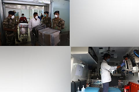 Passengers coming out of the Chennai airport with masks; (right) an ambulance fully equipped
