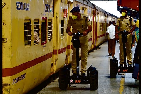 RPF personnel on Segways monitoring passengers at MGR Chennai Central on Monday