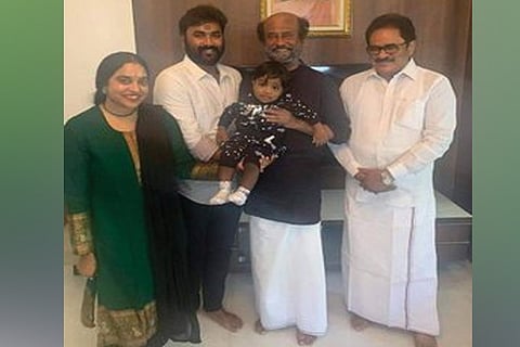 Tiruchy Congress MP Su Thirunavukkarasar and his family members with Rajinikanth in Chennai on Tuesday