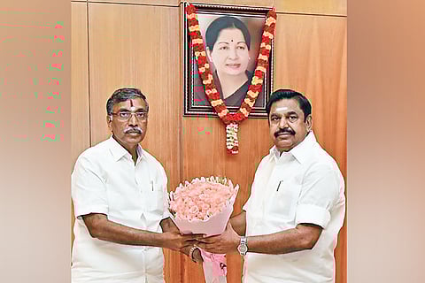 Higher Edu Minister K P Anbazhagan making a courtesy call to CM Edappadi K Palaniswami on Thursday.