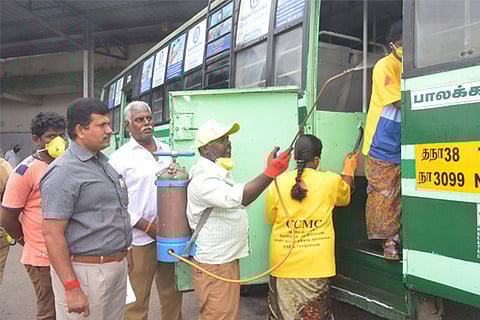 A bus being disinfected in Coimbatore