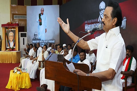 Stalin addresses the gathering during the ceremony in Anna Arivayalam, on Saturday
