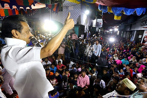 DMK leader MK Stalin addressing protesters on Monday
