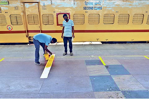 Lines drawn to maintain social distance at Egmore station