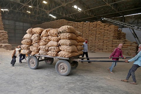 Labourers move a cart loaded with rice bags inside a food processing unit (Image courtesy: Reuters)