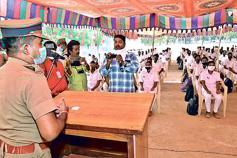 Vellore SP Pravesh Kumar addressing newly passed out grade II constables at Nethaji stadium