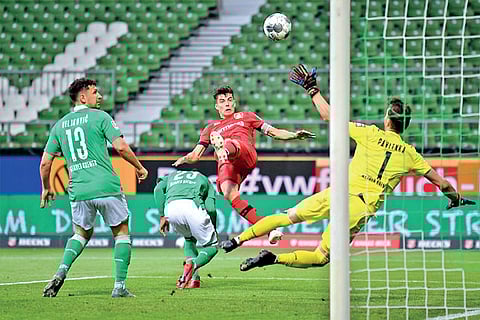 Kai Havertz (in red) opened the scoring for Leverkusen against Bremen