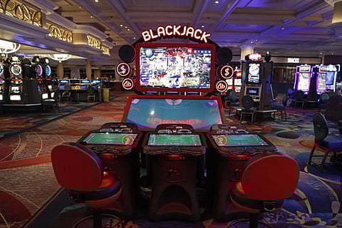 coronavirus safety precaution at an electronic gaming machine in the closed Bellagio hotel