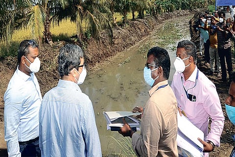 Special officer Rajesh Lakhoni inspecting the desilt works along with officials in Tiruvarur