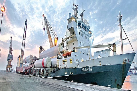 A vessel handling the longest wind blade at V O C Port in Thoothukudi