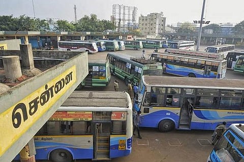 TNSTC and private buses parked at the new bus stand waiting for passengers in Puducherry on Sunday