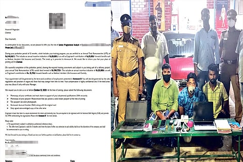 Prabu and his accomplices with seized vehicles and gadgets; forged job offer letter