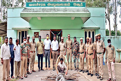 The arrested farmer with the fencing material and two tusks at the Forest Department in Krishnagiri