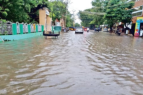 A flooded road along old Corporation office in Thoothukudi on Monday
