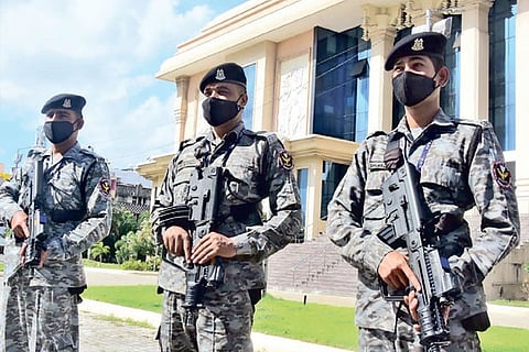 Special Forces personnel outside Kalaivanar Arangam on Friday