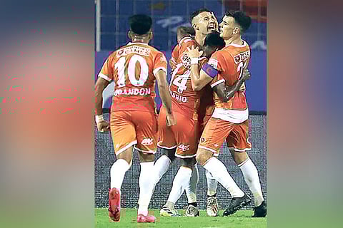 Goa players celebrate their second goal