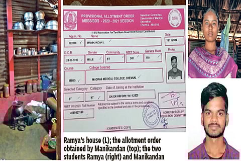 Ramya?s house (L); allotment order obtained by Manikandan (top); students Ramya and Manikandan