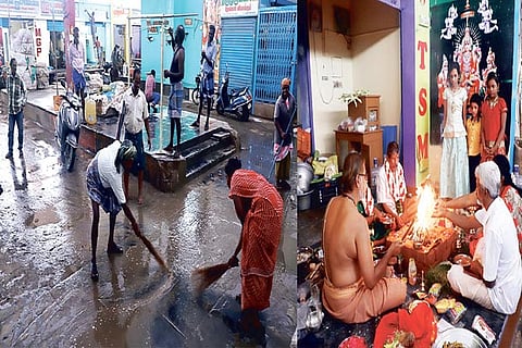 Shop owners clean Koyambedu market and hold puja; After the cyclone showers receded on Sunday