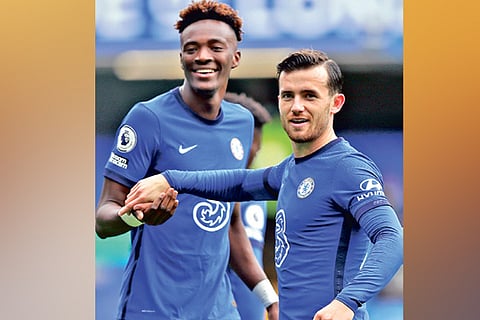 Left-back Ben Chilwell (right) celebrates his first goal for Chelsea