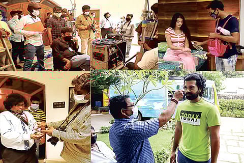 Director Badri; Rittika Sen follows safety protocols; Yogi Babu sanitises his hands; Checks Ashwin