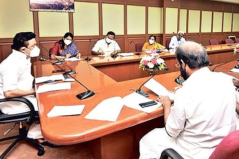 DMK president MK Stalin chairs the party?s manifesto committee meeting at Anna Arivalayam on Wednesd