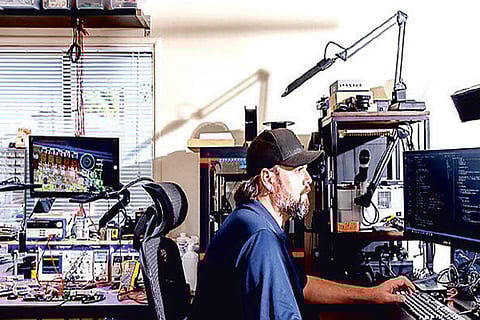 Aaron Loar, an engineer at Natron Energy, working from home